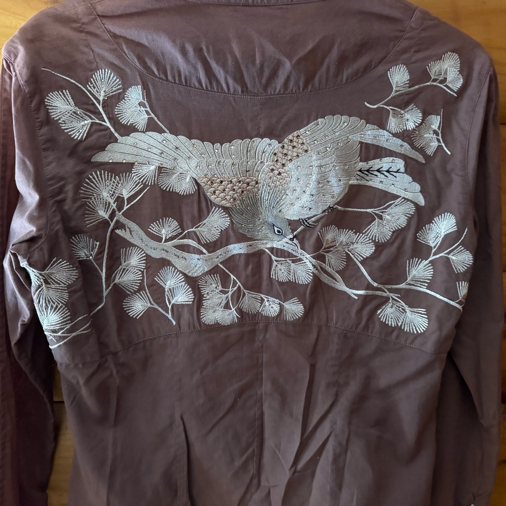Cake Couture Embroidered Bird Back Button-Down Shirt - Brownish Purple